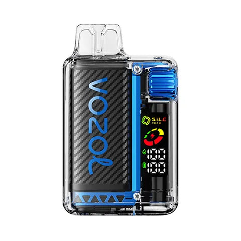 Front view of the blue Vozol Vista 16000 Vape in Bzbull flavor, showcasing a transparent modern design with a smart display and 360° wattage adjustment gear for a personalized and energizing vaping experience.