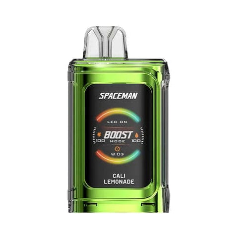 A front view of the metallic green Cali Lemonade flavored Spaceman Vape PRISM 20k device with 1000mAh battery, 1.77" color screen, and ergonomic design showing adjustable airflow and 18ml tank.