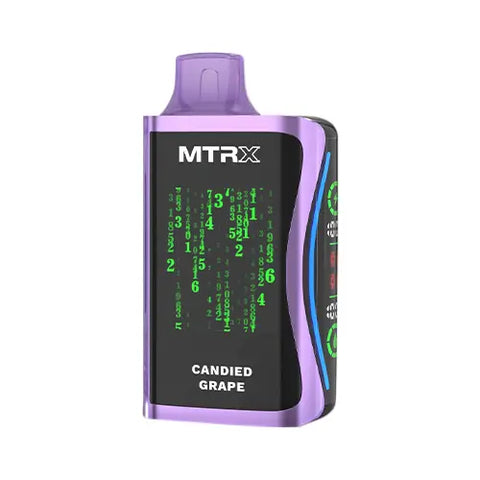 Front view of the purple MTRX MX 25000 disposable vape device in Candied Grape flavor, showcasing a modern, cyberpunk-inspired design with a smart display for a futuristic and high-tech appearance.