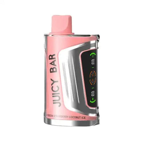 Front view of the sundown-colored Juicy Bar JB25000 Pro Max disposable vape in Caribbean Strawberry Coconut Ice flavor, showcasing its futuristic design with dual LED screens, 900mAh battery for extended vaping sessions, 19mL e-liquid capacity and advanced super dual mesh coil for optimal flavor and vapor production.