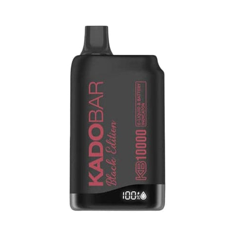 A sleek black Kado Bar KB10000 Black Edition disposable vape featuring red Cherry Banana text, showcasing a sophisticated and discreet design. The device boasts a dual mesh coil, 18mL e-liquid capacity, and 10000+ puffs for a satisfying vaping experience.