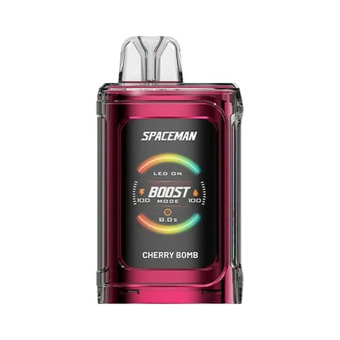 A front view of the red Cherry Bomb flavored Spaceman Vape PRISM 20k device featuring a 1000mAh battery, vibrant 1.77" color screen, 18ml tank capacity and ergonomic adjustable airflow design.