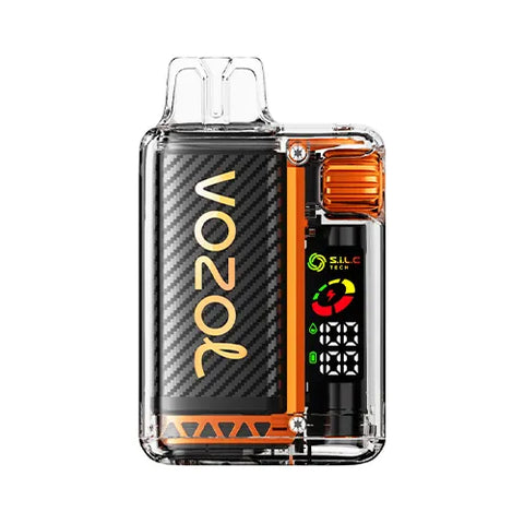Front view of the CARONA-colored Vozol Vista 16000 Vape in Cherry Cola flavor, featuring a transparent modern design with a smart display and 360° wattage adjustment gear for a personalized and nostalgic vaping experience.