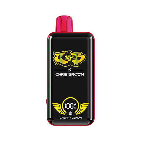 Front view of the amaranth red Chris Brown CB15K Vape in Cherry Lemon flavor, highlighting its sleek design, unique display screen, and advanced features for a tantalizing and satisfying vaping experience.