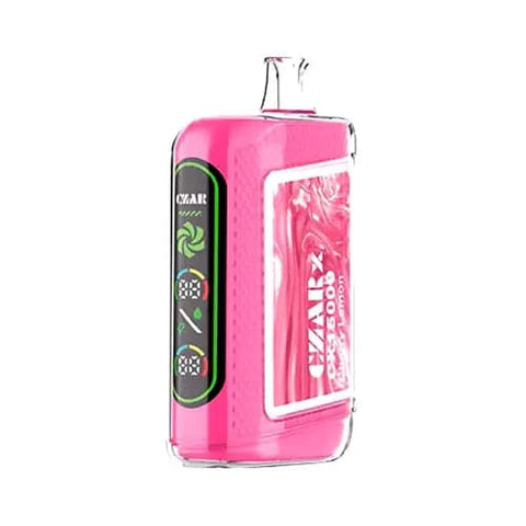 The CZAR CX 15000 Disposable Vape in Cherry Lemon flavor, showcasing a vibrant bright pink design with a dual ultra screen display. This advanced CZARx vape offers up to 15,000 puffs, dual mesh coil technology for enhanced flavor extraction, and adjustable airflow for a personalized vaping experience.