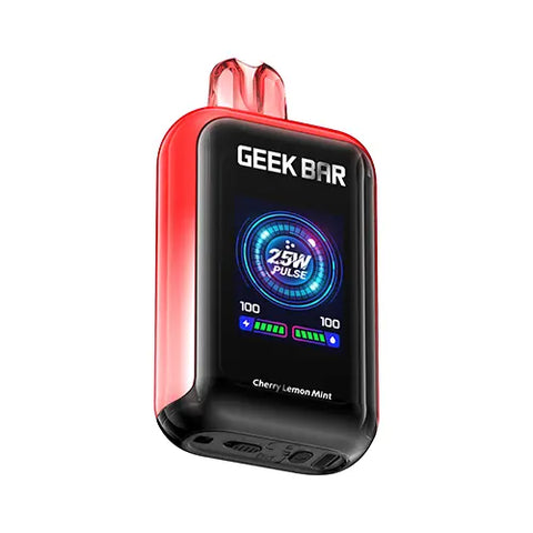 Front view of the Geek Bar Skyview 25K Disposable Vape in a vibrant gradient color from Red Salsa to Melon, showcasing the device's large, vivid 1.8-inch TFT display screen and sleek, modern design. The screen displays essential information for an intuitive user experience while vaping the unique Cherry Lemon Mint flavor.