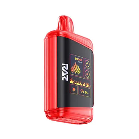 Front view of the Cadmium red Raz DC25000 Disposable Vape in Cherry Strapple flavor, highlighting the genuine leather wrap and advanced Mega HD Display screen for a sleek and sophisticated vaping experience.
