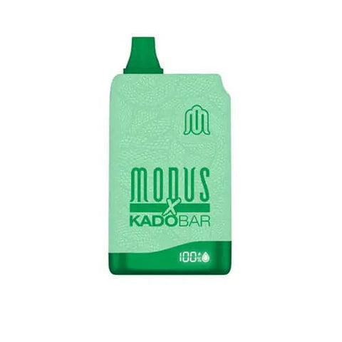 Front view of the green Modus X Kado Bar 10000 disposable vape, showcasing its ergonomic shape, logo, and built-in e-juice and battery life display screen.