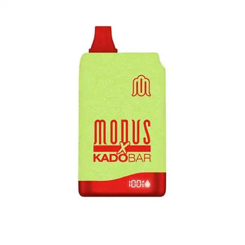  Front view of the green and purple Modus X Kado Bar 10000 disposable vape, showcasing its ergonomic shape, logo, and built-in e-juice and battery life display screen.  Copy Retry