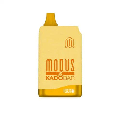 Front view of the green and orange Modus X Kado Bar 10000 disposable vape, showcasing its ergonomic shape, logo, and built-in e-juice and battery life display screen. 