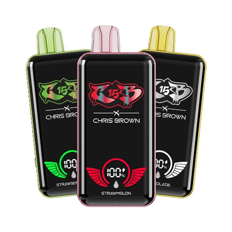The Chris Brown CB15K Vape 3 Pack Bundle, showcasing three devices in different colors and flavors, highlighting the option to mix and match flavors for a customized vaping experience.