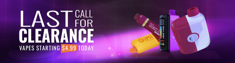 Promotional banner for clearance sale on vapes with product images and text.