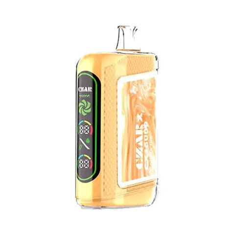 The CZAR CX 15000 Disposable Vape in Colada Ice flavor, showcasing a vibrant bright yellow design with a dual ultra screen display. This advanced CZARx vape delivers up to 15,000 puffs, dual mesh coil technology for enhanced flavor extraction, and adjustable airflow for a personalized vaping experience.