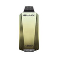 Elux Cyberover 18000 US Edition Vape in stainless steel and sunrise gold metallic color, showcasing a sleek, luxurious, and sturdy design that can withstand heavy usage and occasional drops. The futuristic and minimalistic elements, such as the brand's logo on the top and the "CYBEROVER" graffiti on the bottom, reflect the "CYBER" aspect of its branding in a semi-professional and hipster-looking way, evoking the TESLA Cybertruck.