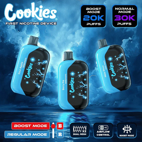 Cookies nicotine device with blue and black design on a dark background