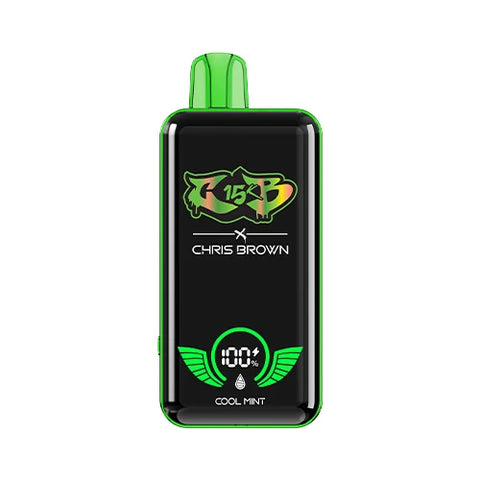 Front view of the lime green Chris Brown CB15K Vape in Cool Mint flavor, showcasing its sleek design, unique display screen, and advanced features for a refreshing and invigorating vaping experience.