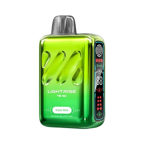Front view of a mint green Lost Vape Lightrise TB 18K vape device featuring its modern design, long screen, and touch button for mode selection, offering a refreshing Cool Mint flavor.