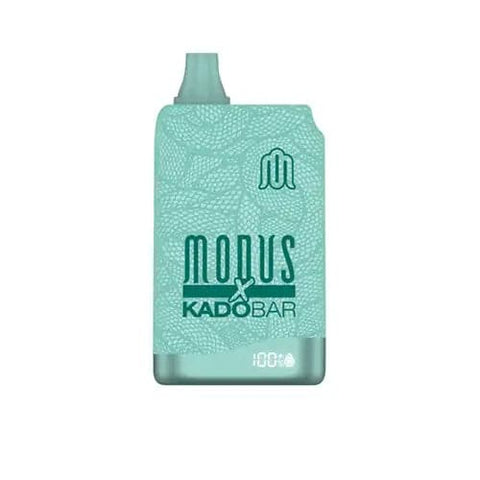 Front view of the green Modus X Kado Bar 10000 disposable vape, showcasing its ergonomic shape, logo, and built-in e-juice and battery life display screen.