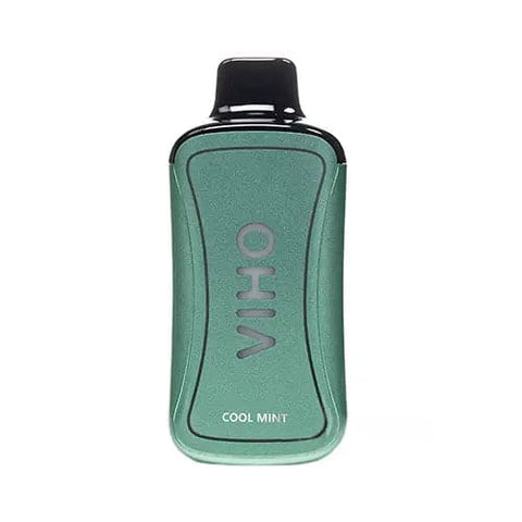 Front view of the ergonomic VIHO Supercharge 20K disposable vape in the refreshing Cool Mint flavor, showcasing a stunning dark green design. This cutting-edge device delivers an impressive 20,000+ puffs and features a substantial 21mL pre-filled e-liquid capacity for extended vaping pleasure.