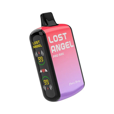 Front view of the Lost Angel Pro Max Vape in a gradient from Plum to Fiery Rose color, showcasing the dual-screen display and sleek design of this disposable vape device filled with the exhilarating and flavorful Crazy Berry e-liquid blend.