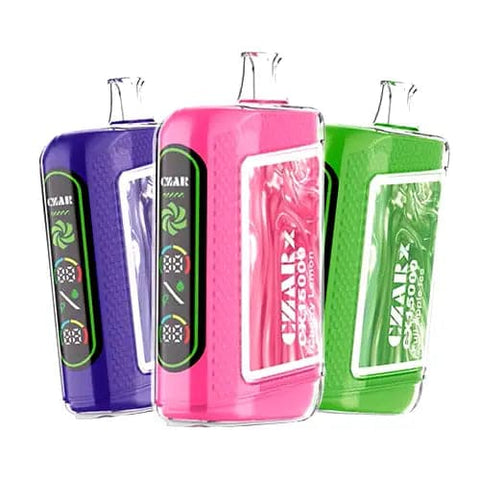 CZAR CX 15000 Disposable Vape 10-Pack showcasing ten devices in different colors and flavors. Each innovative CZARx vape boasts up to 15,000 puffs, dual mesh coil technology for enhanced flavor extraction, and adjustable airflow for a personalized vaping experience. The 10-Pack allows vapers to explore the wide array of czar vape flavors, crafting their ideal flavor combinations while enjoying the unmatched convenience, affordability, and variety of an extensive bundle.
