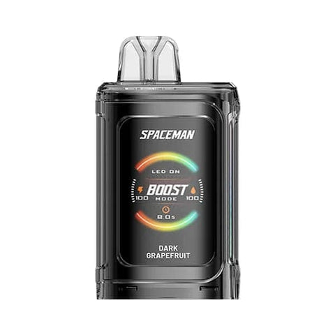A front view of the black Dark Grapefruit flavored Spaceman Vape PRISM 20k device featuring a 1000mAh battery, vibrant 1.77" color screen, 18ml tank capacity and ergonomic adjustable airflow design.