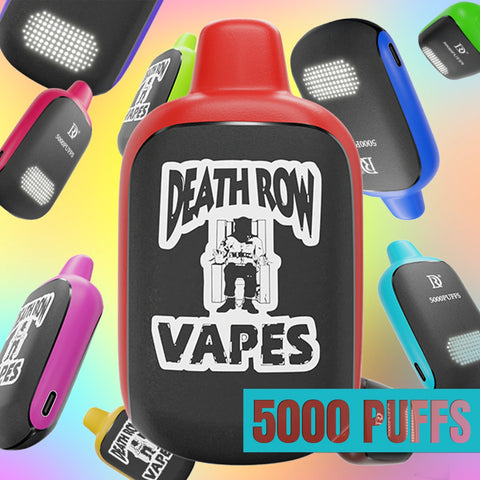 Red and black vape device with 'Death Row Vapes' branding on a colorful background.