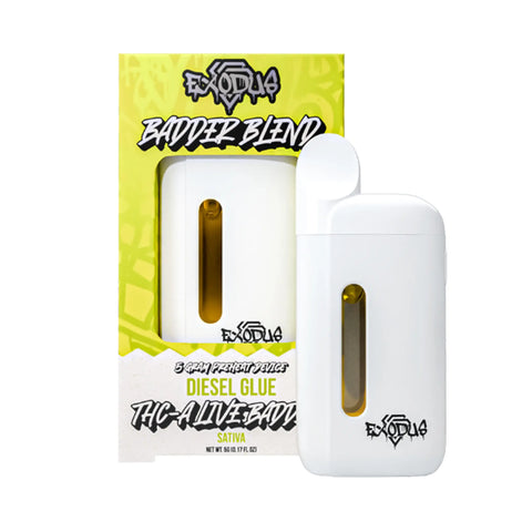 Exodus THC-A Disposable Vape featuring Diesel Glue flavor, strong and fuel-like for an intense hit.