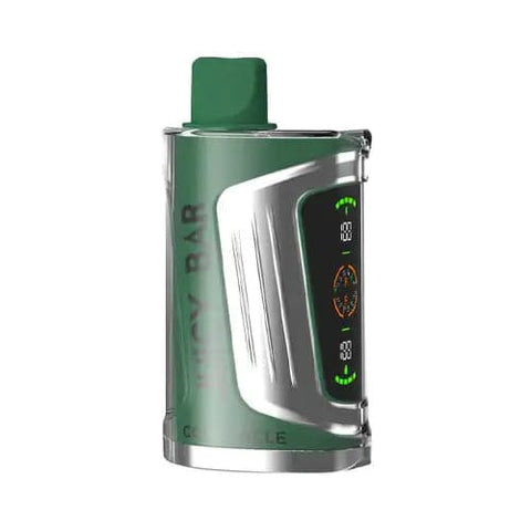 Front view of the cactus-colored Juicy Bar JB25000 Pro Max disposable vape in Double Mint flavor, showcasing its futuristic design with dual LED screens, 900mAh battery for extended vaping sessions, 19mL e-liquid capacity and advanced super dual mesh coil for optimal flavor and vapor production.
