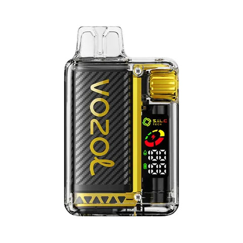 Front view of the MEADOWLARK-colored Vozol Vista 16000 Vape in Dragon Fruit Banana Cherry flavor, showcasing a transparent modern design with a smart display and 360° wattage adjustment gear for a personalized and exotic vaping experience.