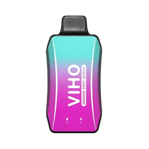 Sleek gradient pink and cyan VIHO Turbo vape with ergonomic design sits on table, featuring rechargeable battery for flavorful dragon fruit berries vaping.