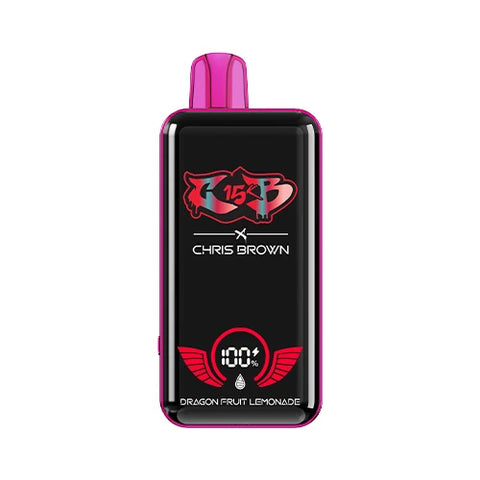 Front view of the magenta Chris Brown CB15K Vape in Dragon Fruit Lemonade flavor, highlighting its sleek design, unique display screen, and advanced features for an exotic and refreshing vaping experience.
