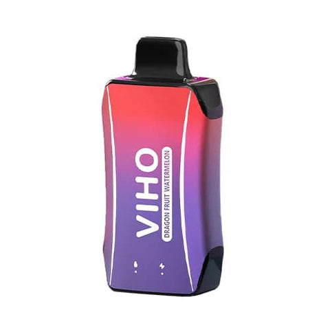 leek purple and cyan gradient VIHO Turbo vape with contoured design sits on table, featuring rechargeable battery for delicious dragon fruit watermelon vaping.