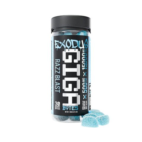 Exodus Thc-A + Thc-P + Cb9a Gigabytes Gummies 15,000mg Razz Blast flavor, tangy and vibrant."