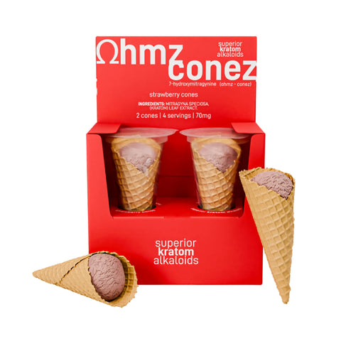 Ohmz 7-Hydroxymitragynine Extracts Strawberry Ohmz Cones, sweet strawberry extract served in a fun cone format.