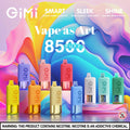 GIMI vape devices with colorful abstract background and product names.