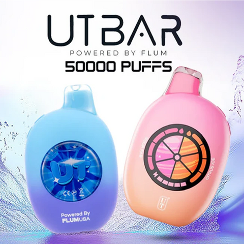 Flum UT 50K dual-flavor disposable vape device with assorted fruit, mint, and tobacco options