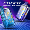 Foger Bit 35K Disposable Vape featuring electroplating mirror polishing finish on display with modern hexagon backdrop