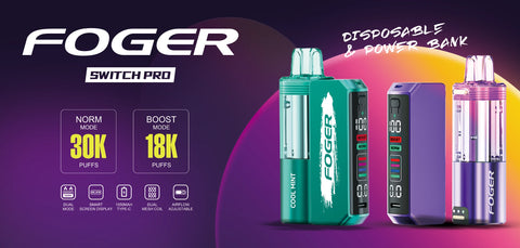 Foger Switch Pro 30K Disposable Vape with rechargeable power bank, featuring 30,000 puffs in Norm mode, 18,000 puffs in Boost mode, smart display screen, adjustable airflow, and dual mesh coil technology. Available in bold flavors like Cool Mint.