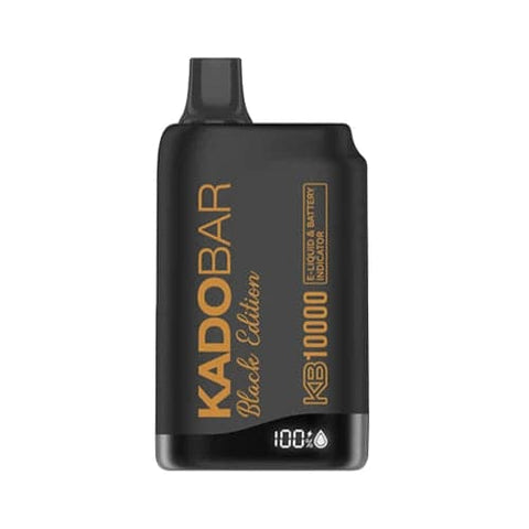 A sleek black Kado Bar KB10000 Black Edition disposable vape featuring orange Frozen Bananas text, showcasing a sophisticated and discreet design. The device boasts a dual mesh coil, 18mL e-liquid capacity, and 10000+ puffs for a refreshingly smooth vaping experience.