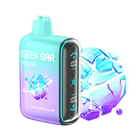 Front view of the New Geek Bar Pulse Vape in Frozen Blackberry FAB flavor, showcasing a sleek gradient design from lavender to celeste. The device features a full-screen display for easy monitoring of battery and e-juice levels