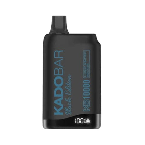A sleek black Kado Bar KB10000 Black Edition disposable vape featuring blue Frozen Blue Razz text and brand logo, showcasing a sophisticated and discreet design. The device boasts a dual mesh coil, 18mL e-liquid capacity, and 10000+ puffs for an exhilarating vaping experience.