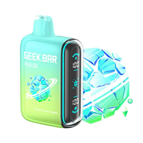 Front view of the New Geek Bar Pulse Vape in Frozen Cherry Apple flavor, featuring a captivating gradient design from inchworm to celeste. The device boasts a full-screen display, allowing users to easily monitor battery life and e-juice levels for a seamless vaping experience.
