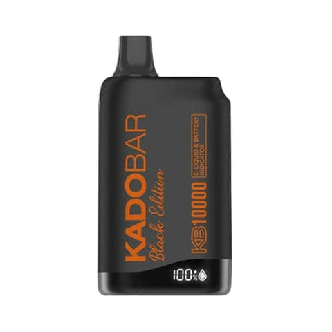 A sleek black Kado Bar KB10000 Black Edition disposable vape featuring orange Frozen Mango text and brand logo, showcasing a sophisticated and discreet design. The device boasts a dual mesh coil, 18mL e-liquid capacity, and 10000+ puffs for a satisfyingly cool and fruity vaping experience.