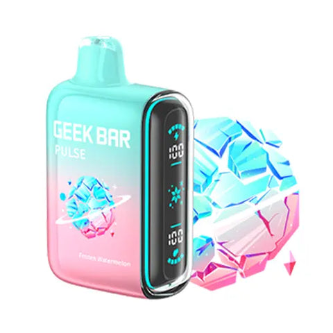 Front view of the New Geek Bar Pulse Vape in Frozen Watermelon flavor, showcasing a stunning gradient design from vanilla ice to celeste. The device features a full-screen display, providing users with easy access to battery and e-juice level information for a seamless vaping experience.