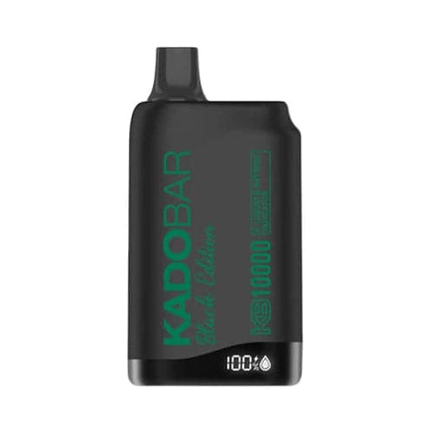 A sleek black Kado Bar KB10000 Black Edition disposable vape featuring green Frozen Watermelon text and brand logo, showcasing a sophisticated and discreet design. The device boasts a dual mesh coil, 18mL e-liquid capacity, and 10000+ puffs for a refreshingly cool and sweet watermelon vaping experience.
