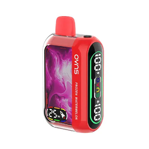 Front view of the Red (pigment) OVNS Dream 25K Vape in Frozen Watermelon flavor, showcasing its sleek design, easy-to-read dual screens with battery life, e-liquid level, and wattage indicators, and advanced features for an invigorating and satisfying vaping experience.