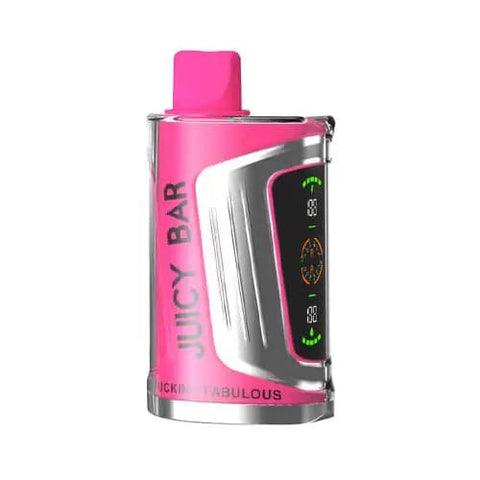 Front view of the brilliant rose-colored Juicy Bar JB25000 Pro Max disposable vape in Fucking Fabulous flavor, showcasing its futuristic design with dual LED screens, 900mAh battery for extended vaping sessions, 19mL e-liquid capacity and advanced super dual mesh coil for optimal flavor and vapor production.