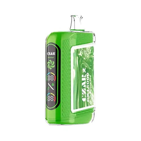 The CZAR CX 15000 Disposable Vape in Fuji Apple Ice flavor, showcasing a vibrant bright green design with a dual ultra screen display. This cutting-edge CZARx vape offers up to 15,000 puffs, dual mesh coil technology for enhanced flavor extraction, and adjustable airflow for a personalized vaping experience.