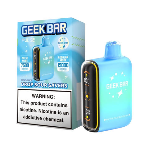 Geek Bar Pulse Savers Edition Drop Sour Savers vape box and device with 15,000 puffs in Regular Mode and 7,500 puffs in Pulse Mode.